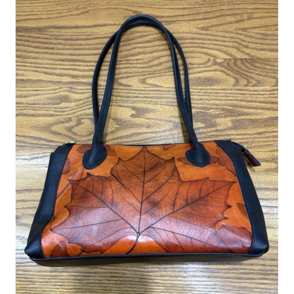 Leaf Leather CL Whiting Tote Bag Tooled Maple Autumn Orange Black Satchel Purse